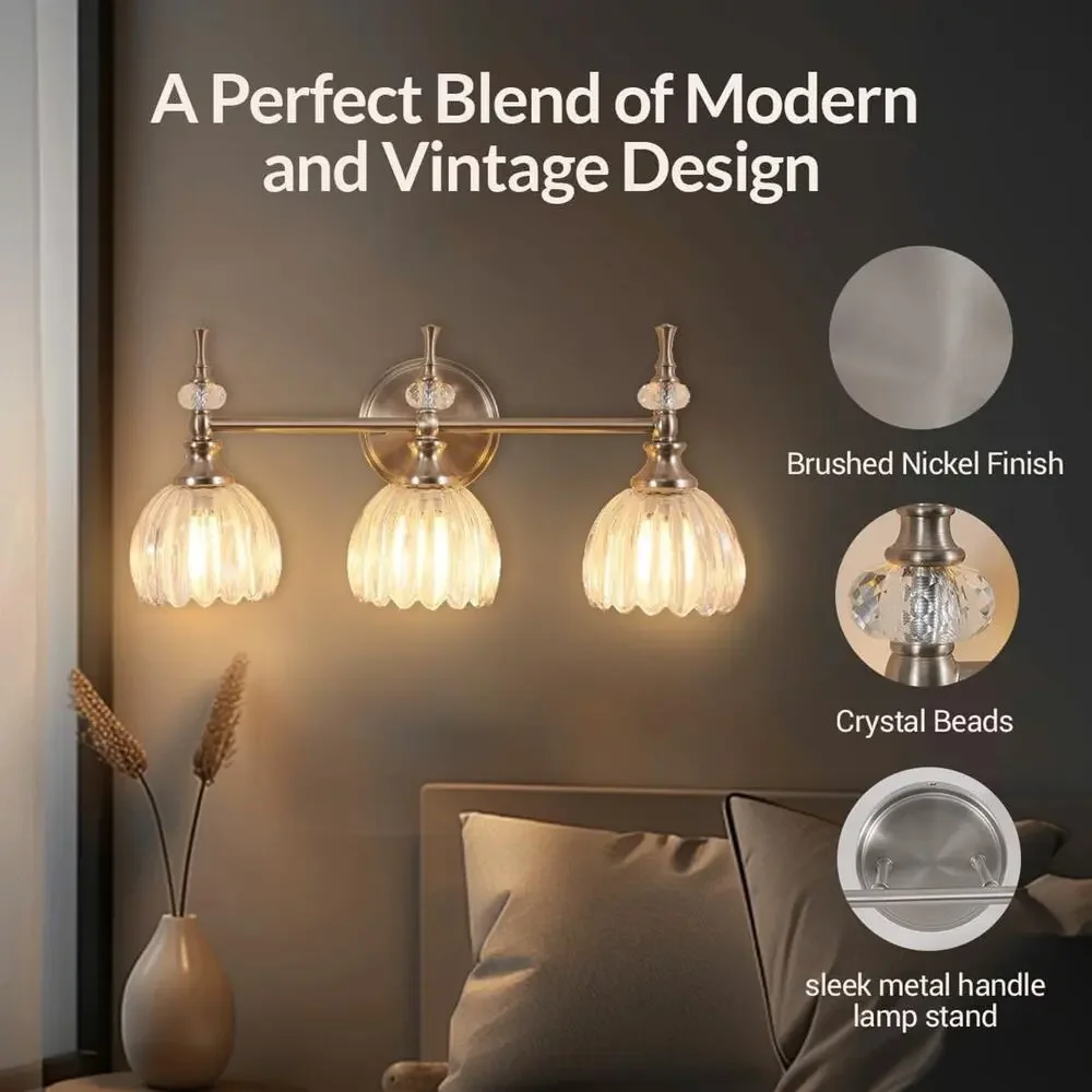 Modern 3-Light Bathroom Vanity Wall Light Brushed Nickel Fixture - Picture 6 of 7
